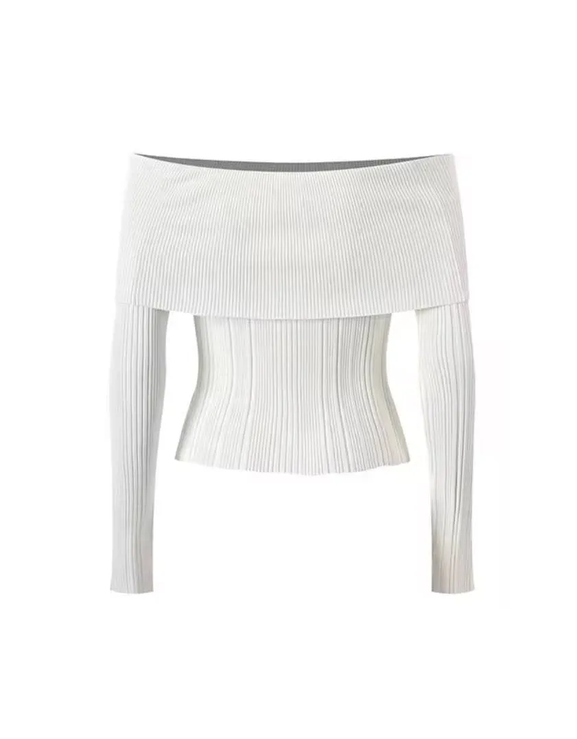 Slash Neck Ribbed Knit Sweater