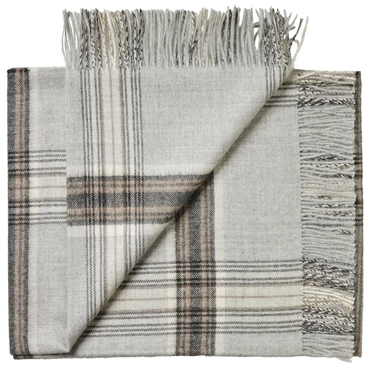 Soft Alpaca Wool Throw Blanket Light Gray and Tan Plaid