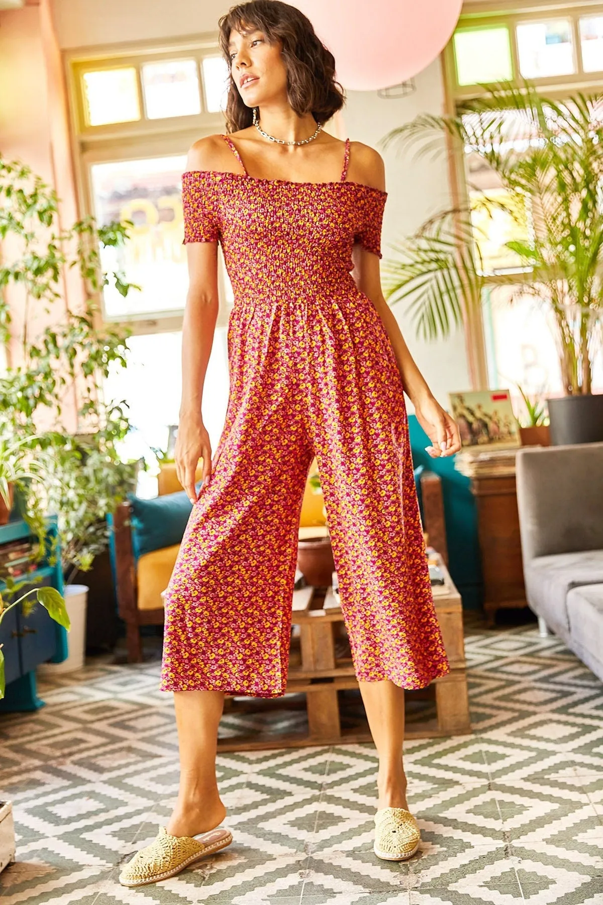 Suspended Gipe Woven Viscose Jumpsuit, Ethnic Print Casual Summer Jumpsuit, Bohemian Chic Vacation Wear, Minimalist Effortless Street Style