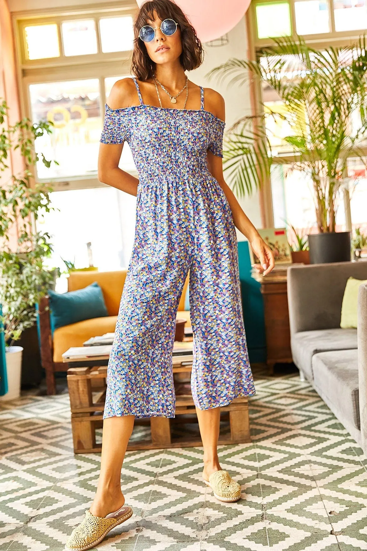 Suspended Gipe Woven Viscose Jumpsuit, Ethnic Print Casual Summer Jumpsuit, Bohemian Chic Vacation Wear, Minimalist Effortless Street Style