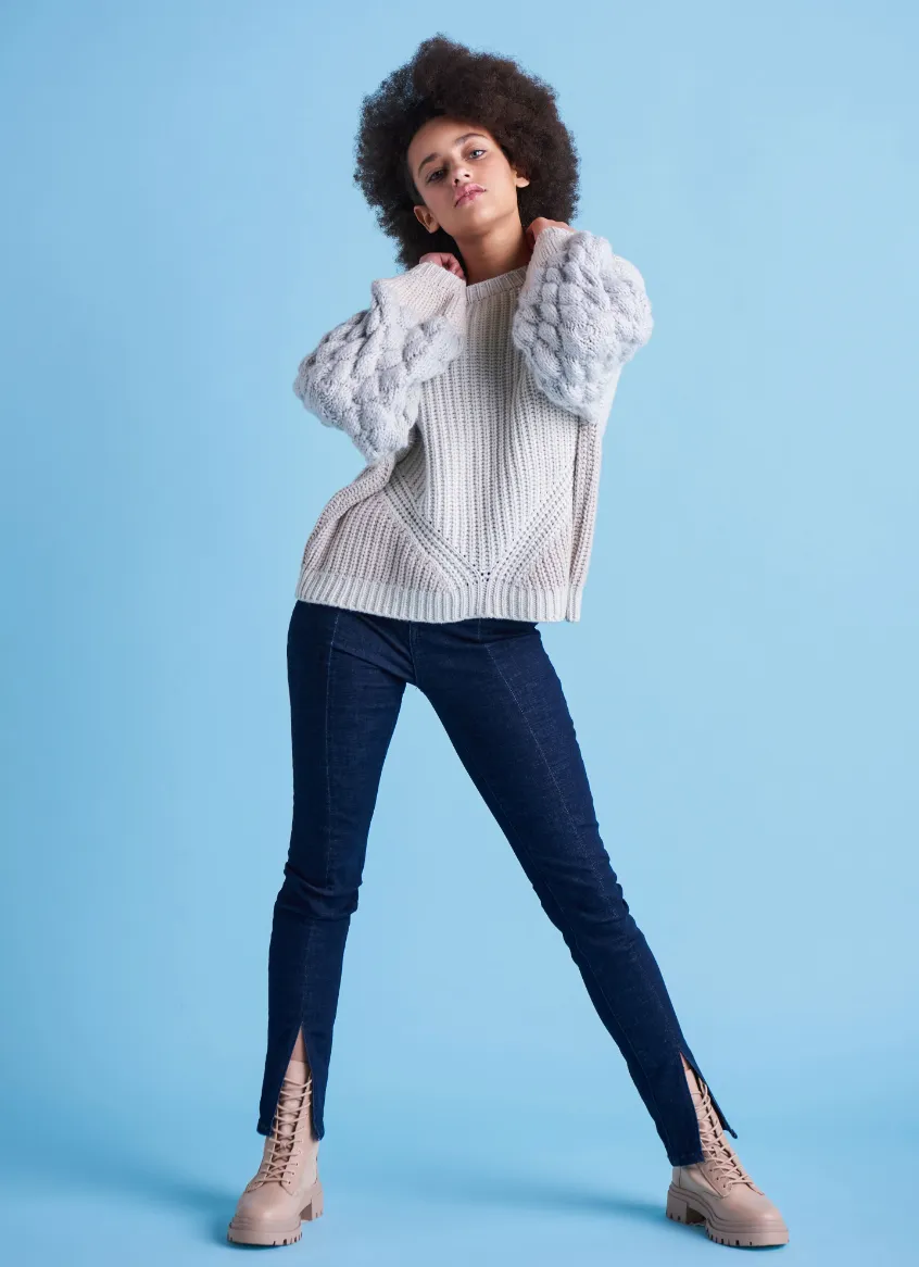 Textured Bubble Sleeve Sweater - Soft Grey