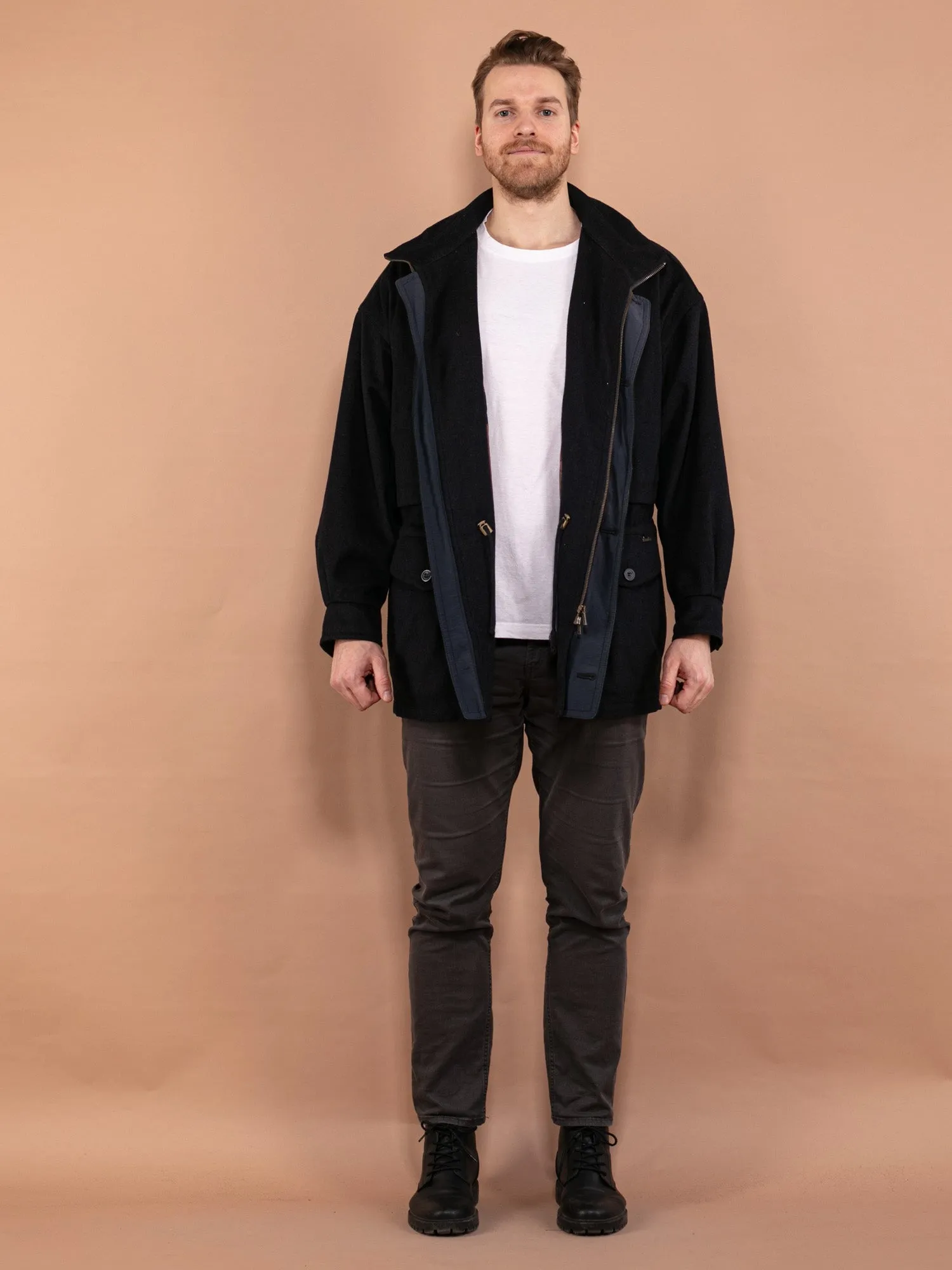 Vintage 80's Men Wool Parka Coat in Navy Blue