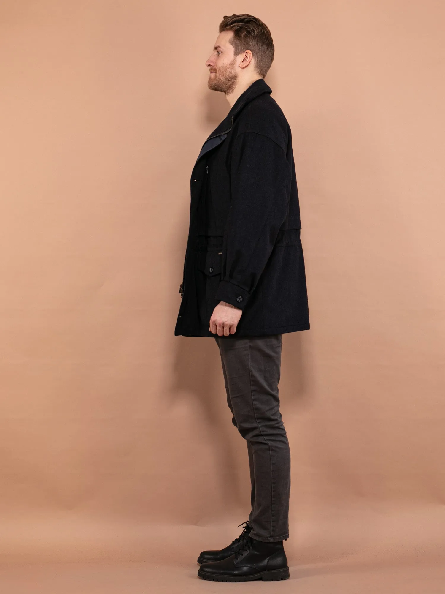 Vintage 80's Men Wool Parka Coat in Navy Blue