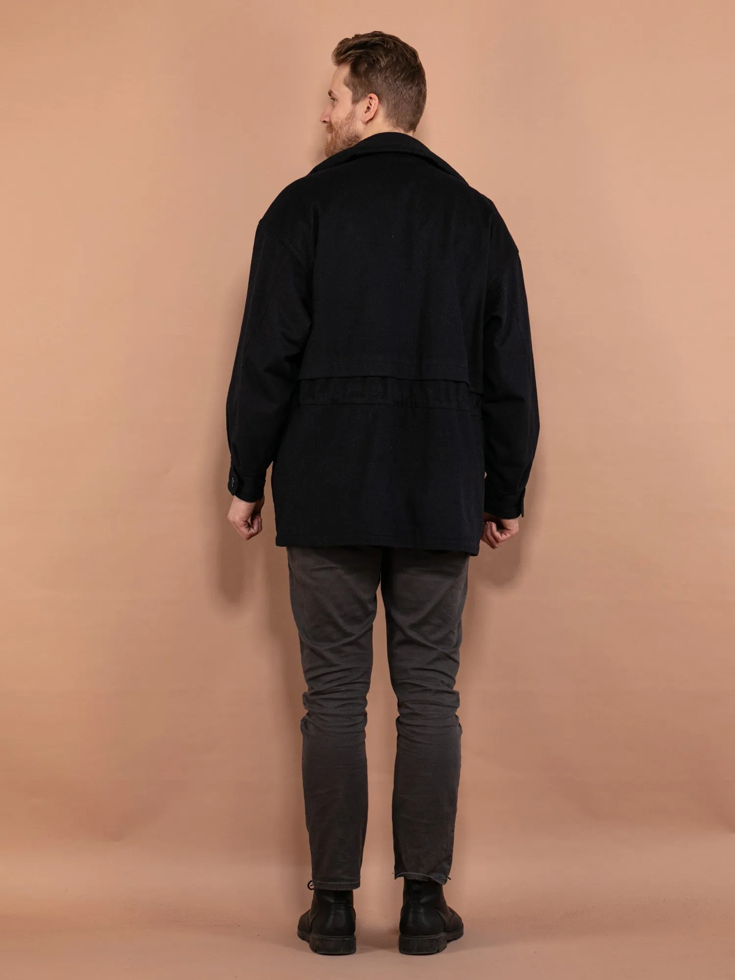 Vintage 80's Men Wool Parka Coat in Navy Blue