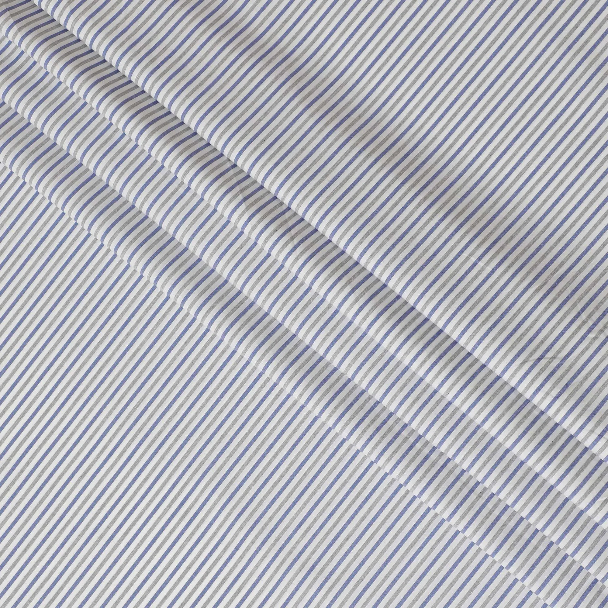 White Premium pure Italian 100% cotton shirting fabric with grey and blue print in stripe design-D16653