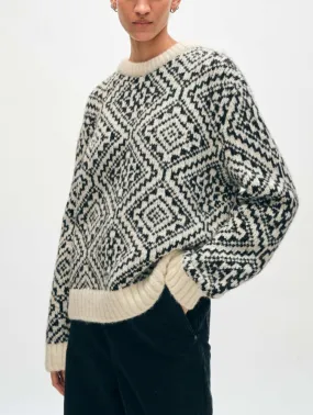 White   Warren - Plush Alpaca Blend Nordic Crewneck in Ivory/Black