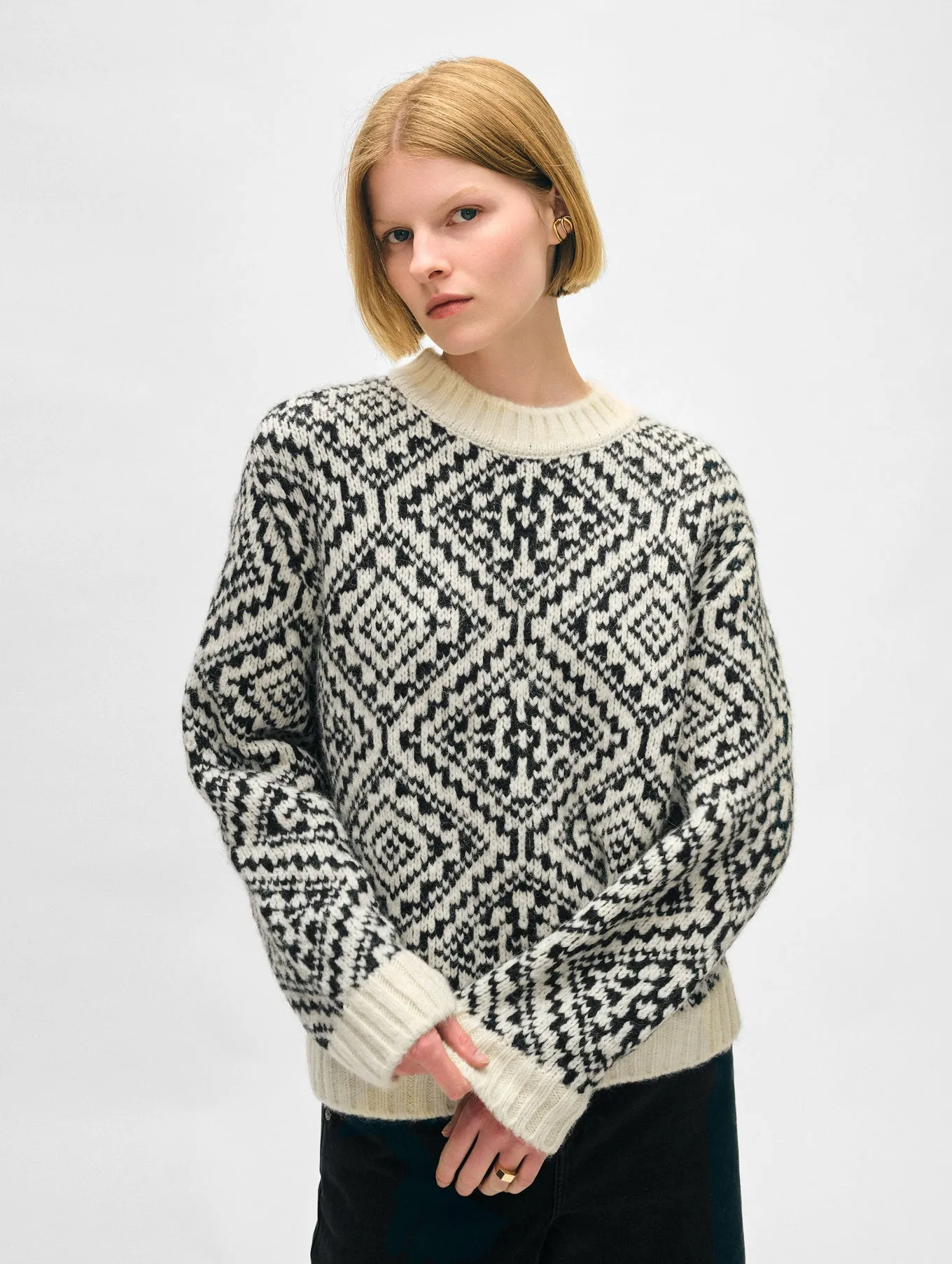 White   Warren - Plush Alpaca Blend Nordic Crewneck in Ivory/Black