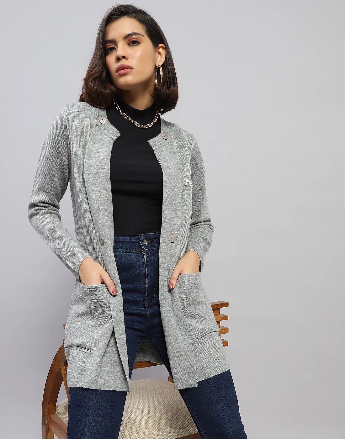Women Grey Self Design Round Neck Full Sleeve Cardigan