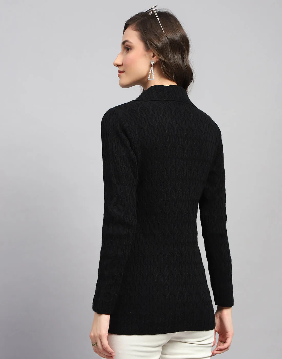 Women Navy Blue Self Design Collar Full Sleeve Cardigan
