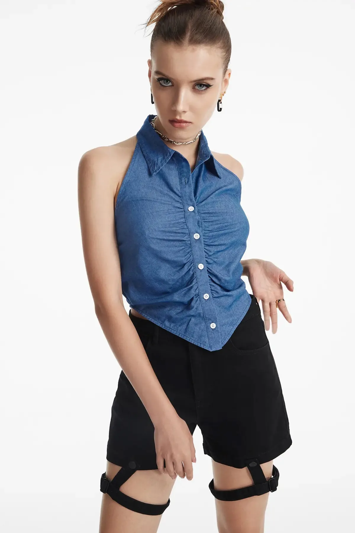 Women's Backless Collar Halter Neck Denim Top