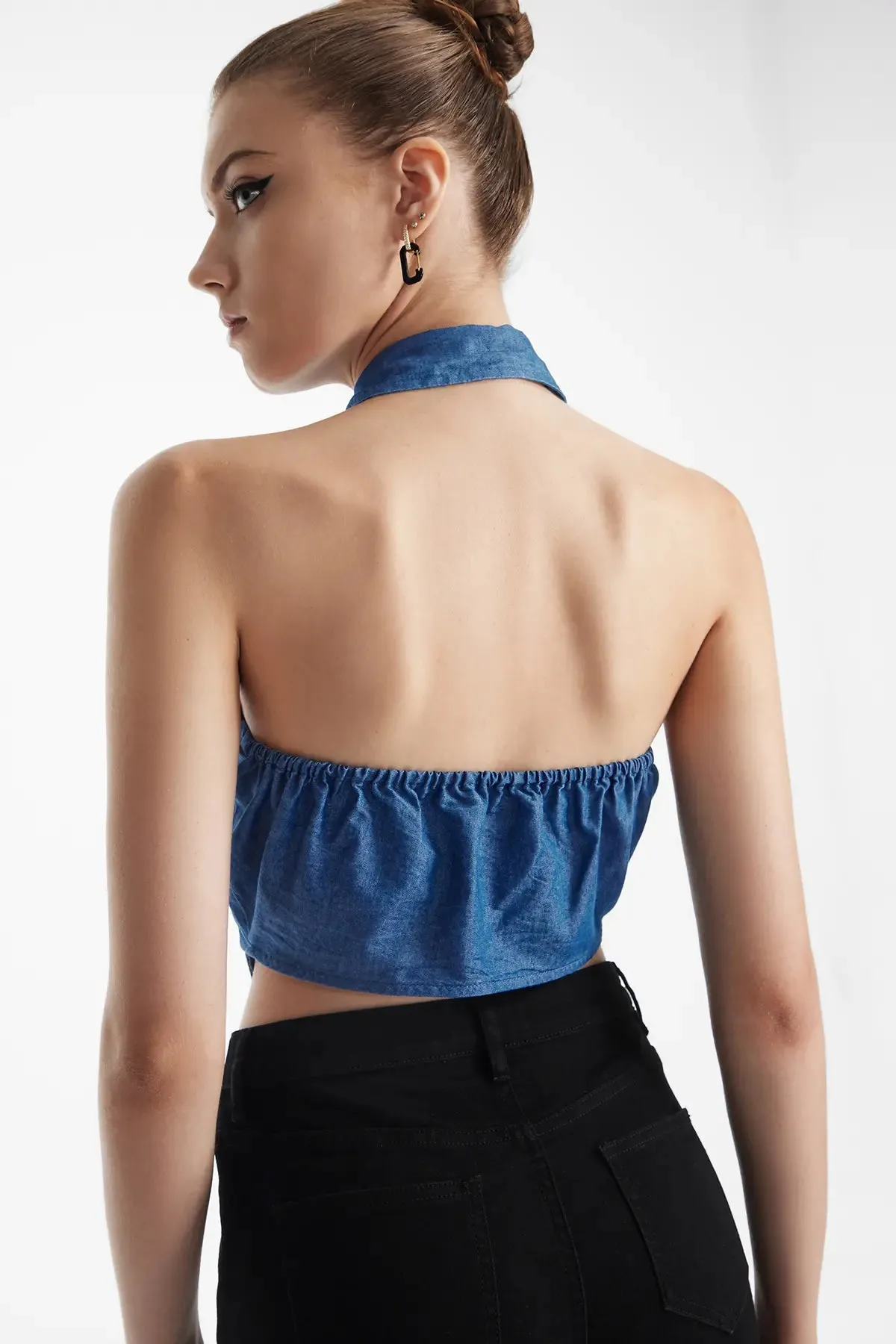 Women's Backless Collar Halter Neck Denim Top
