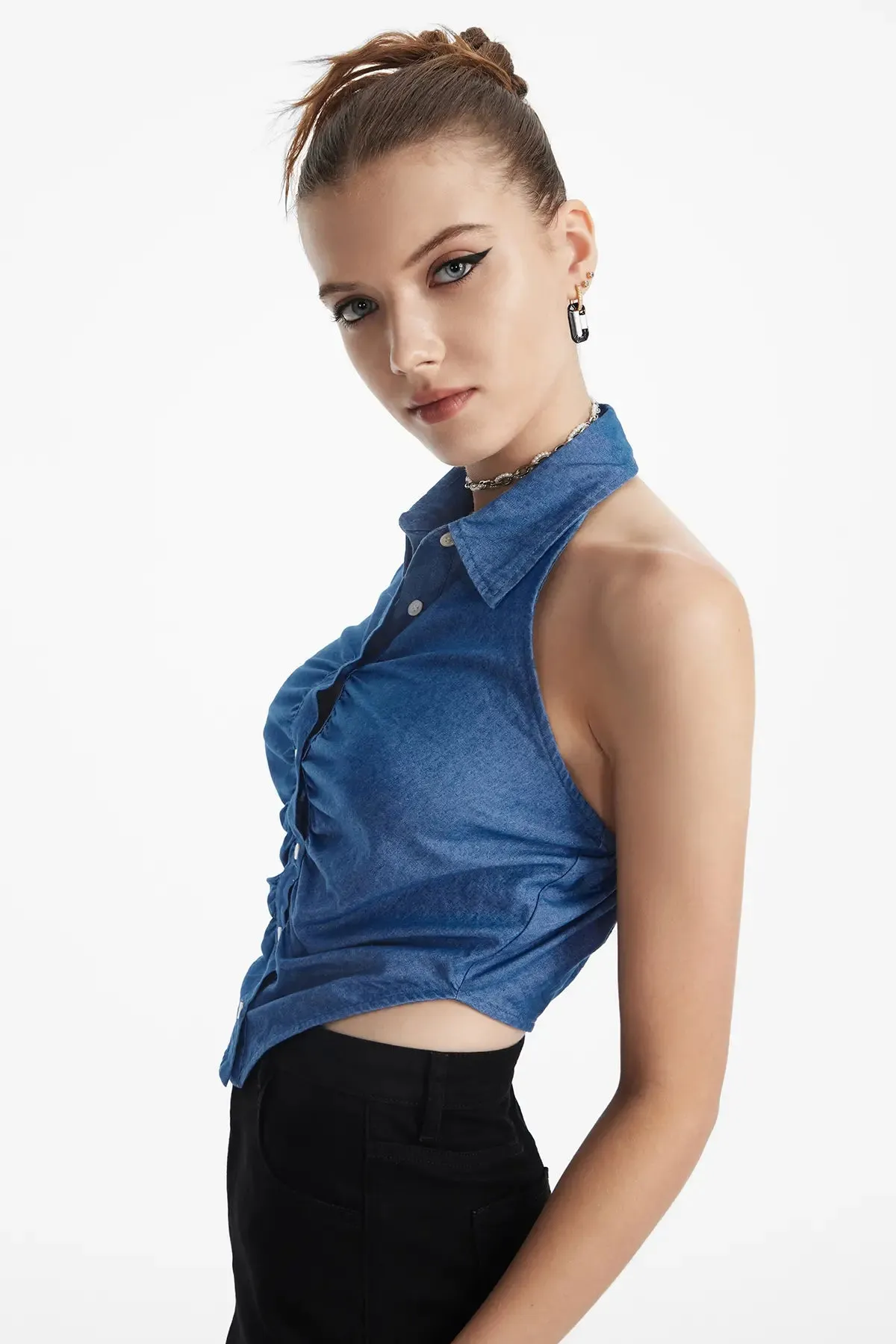 Women's Backless Collar Halter Neck Denim Top
