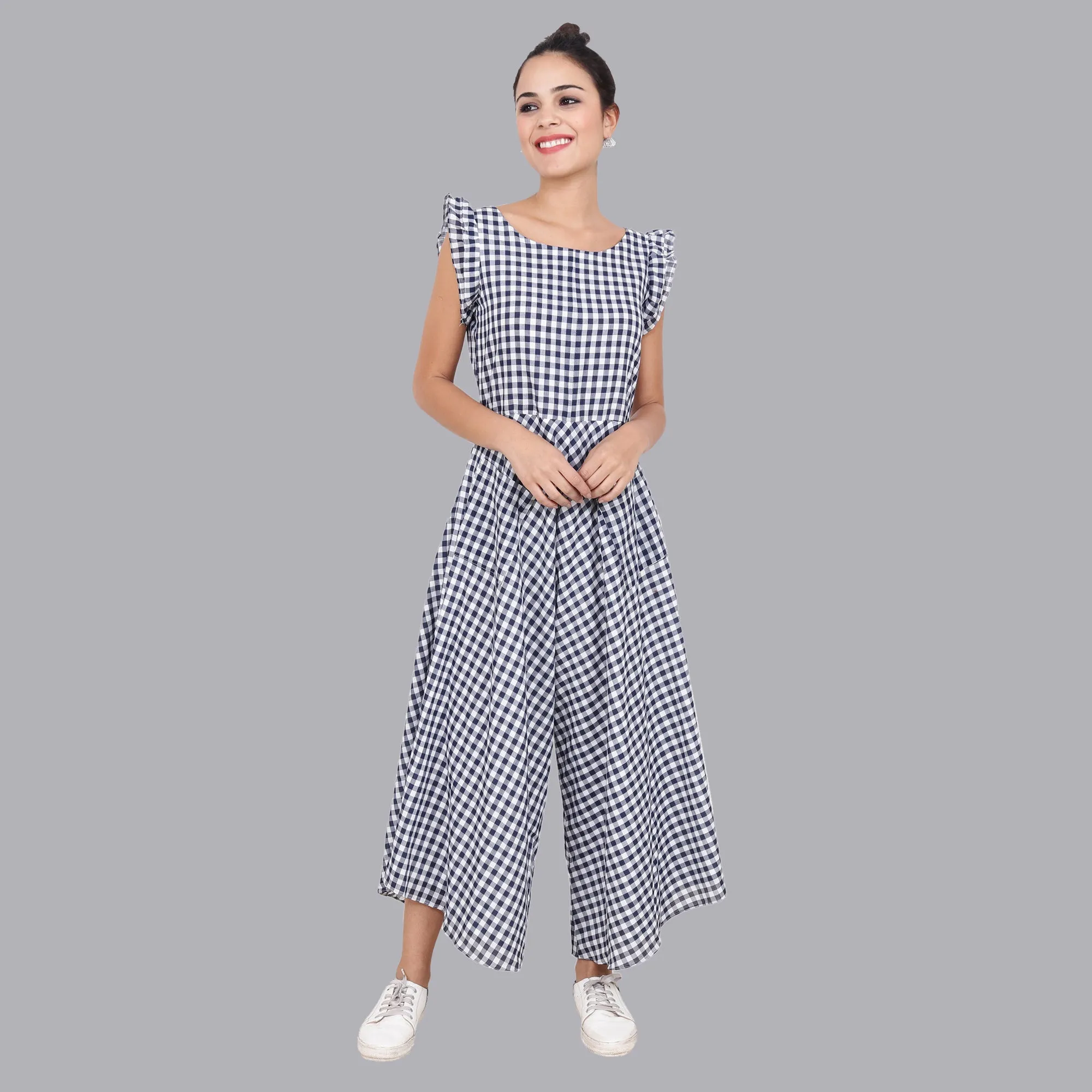 Women's Blue Plaid Jumpsuit