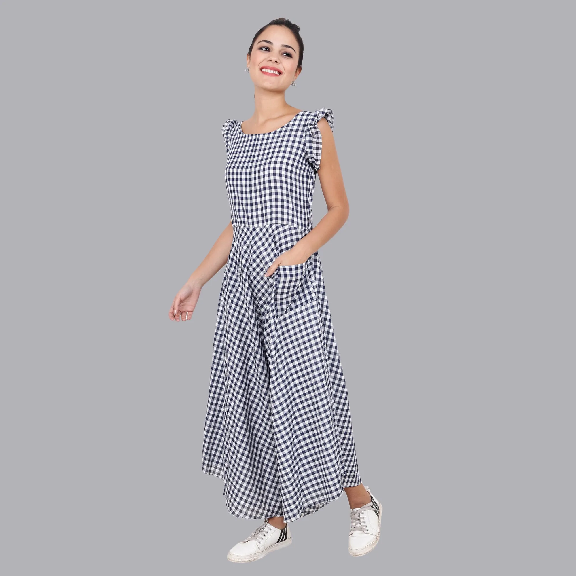 Women's Blue Plaid Jumpsuit