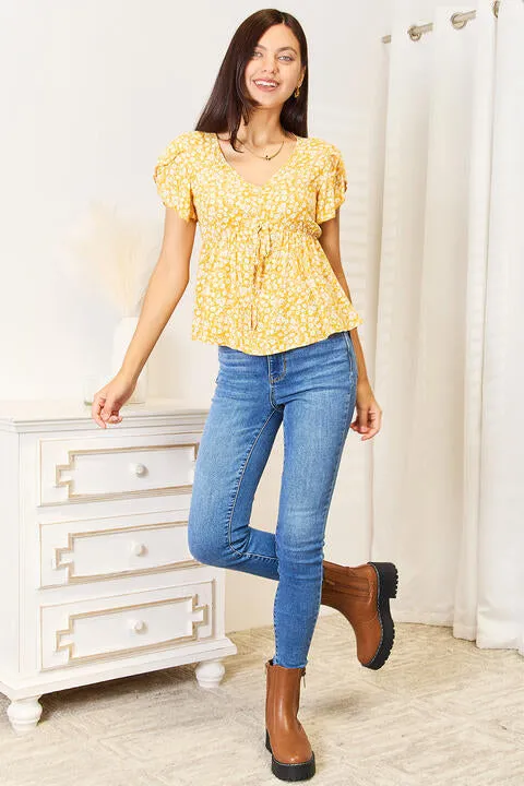 Women's Double Take Floral Petal Sleeve Babydoll Top
