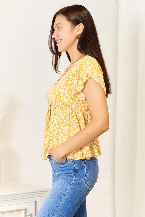 Women's Double Take Floral Petal Sleeve Babydoll Top