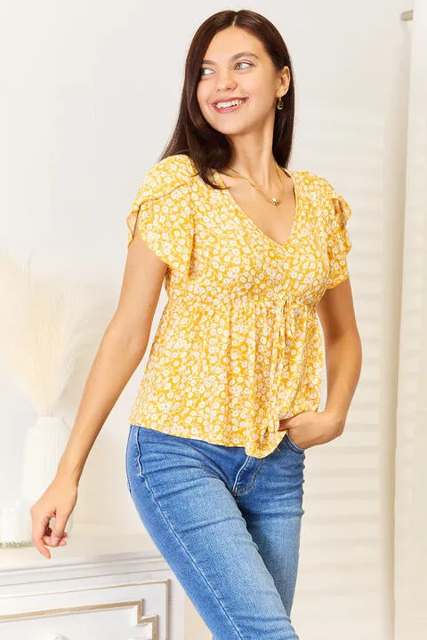 Women's Double Take Floral Petal Sleeve Babydoll Top