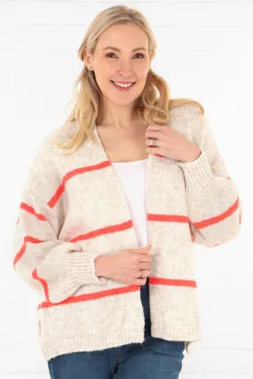 Wool Blend Open Front Cardigan Thin Stripes in Cream and Coral
