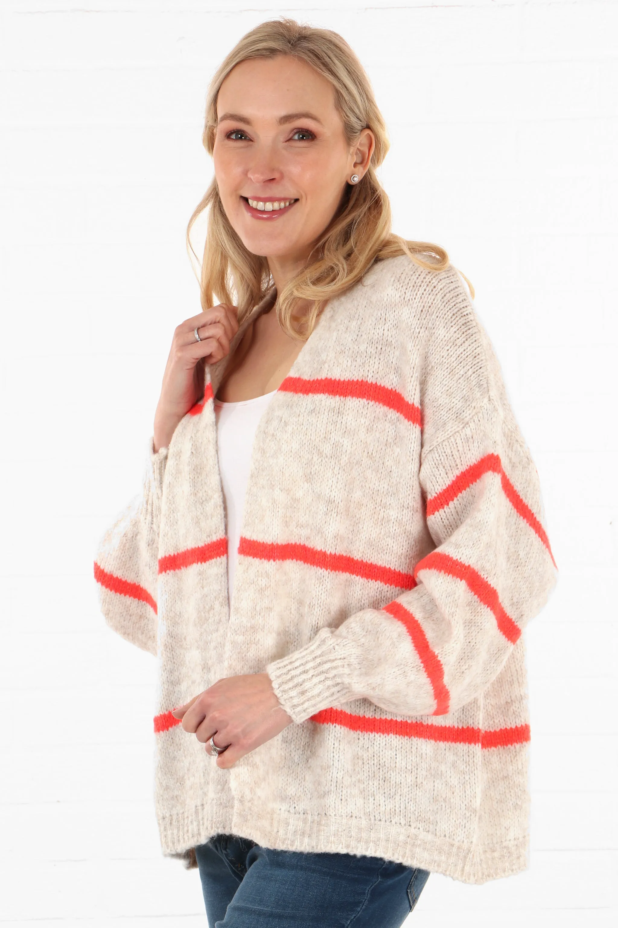 Wool Blend Open Front Cardigan Thin Stripes in Cream and Coral