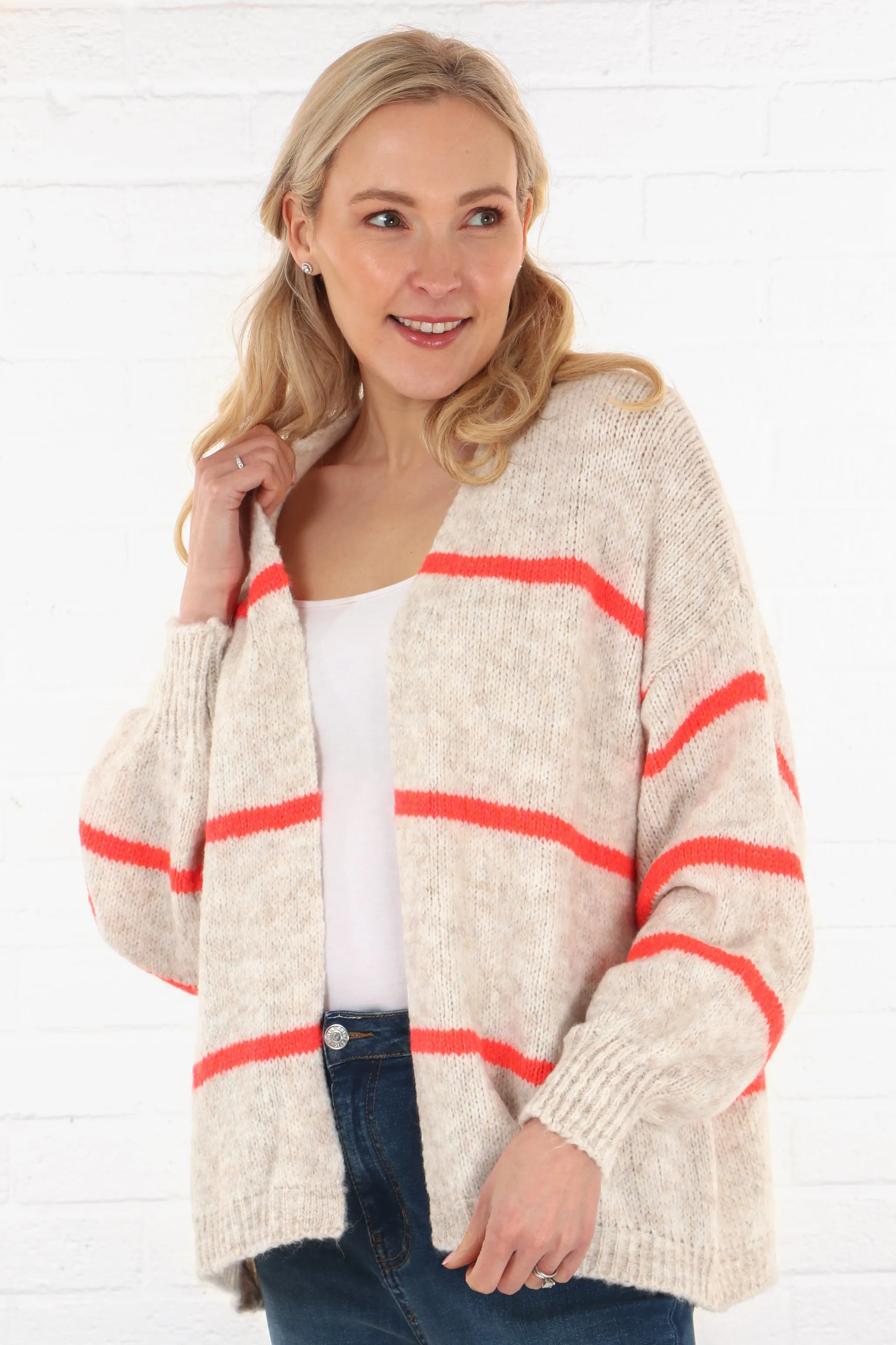 Wool Blend Open Front Cardigan Thin Stripes in Cream and Coral