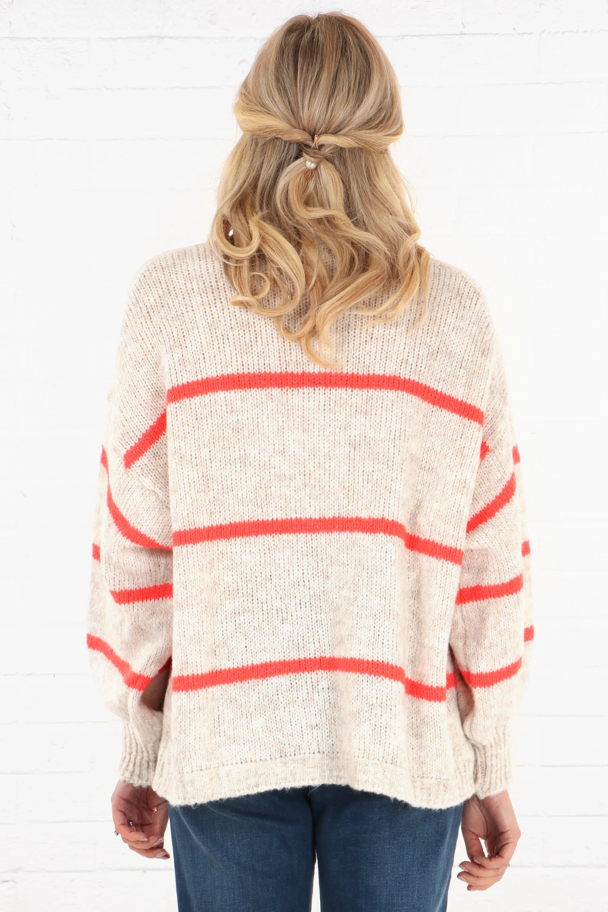 Wool Blend Open Front Cardigan Thin Stripes in Cream and Coral