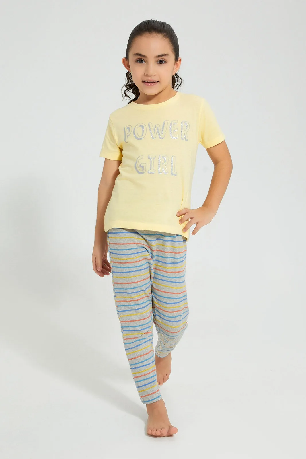 Yellow And Grey Stripe Pyjama Set (2 Piece)