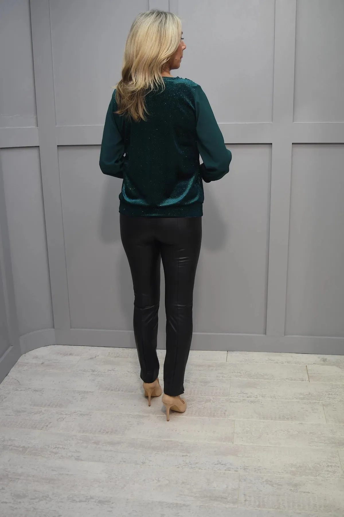 Yew "Kirby" Cowl Neck Shimmer Top with sheer sleeve. All Colours