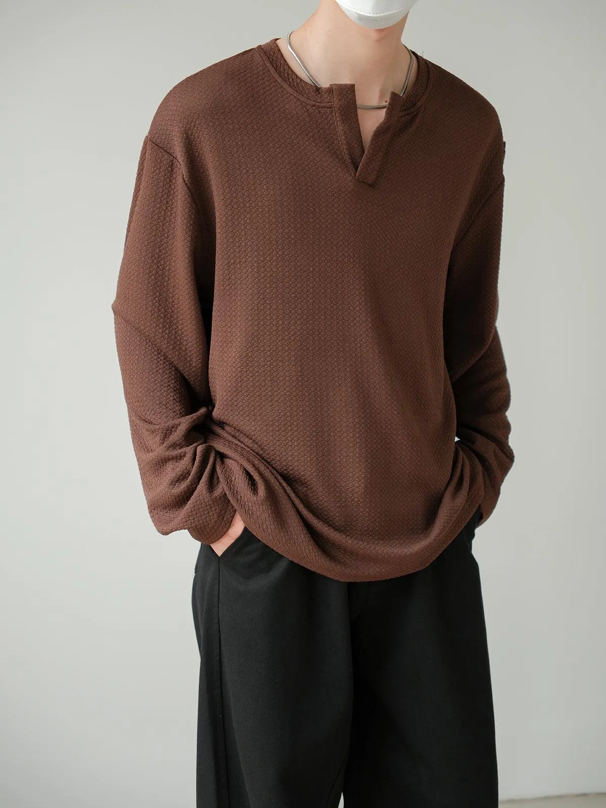Zhou Henry Collar Textured Long Sleeve T-Shirt