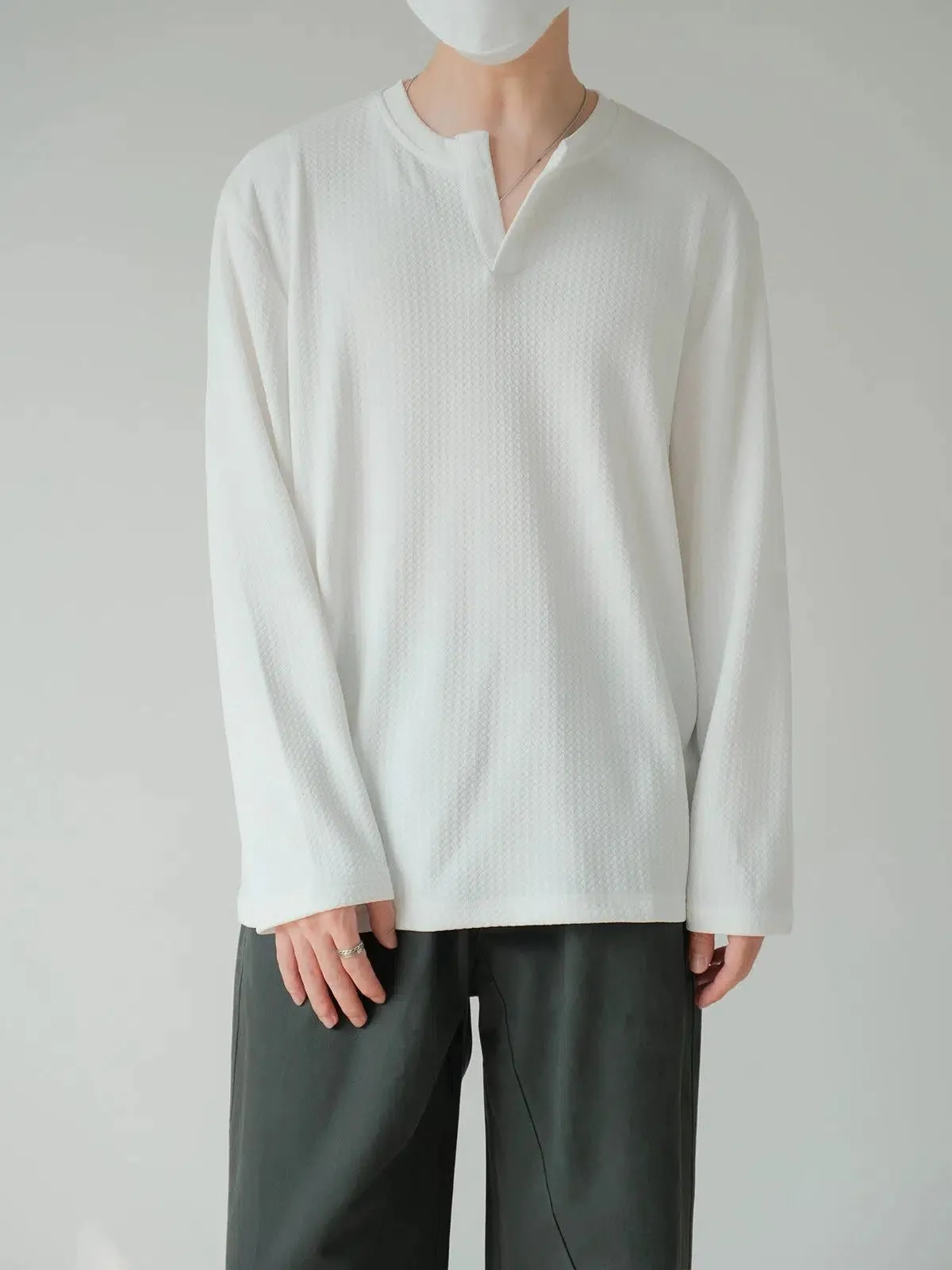 Zhou Henry Collar Textured Long Sleeve T-Shirt