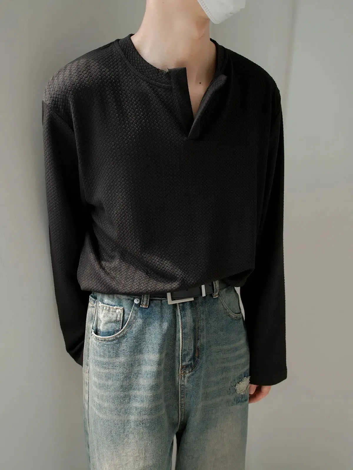 Zhou Henry Collar Textured Long Sleeve T-Shirt
