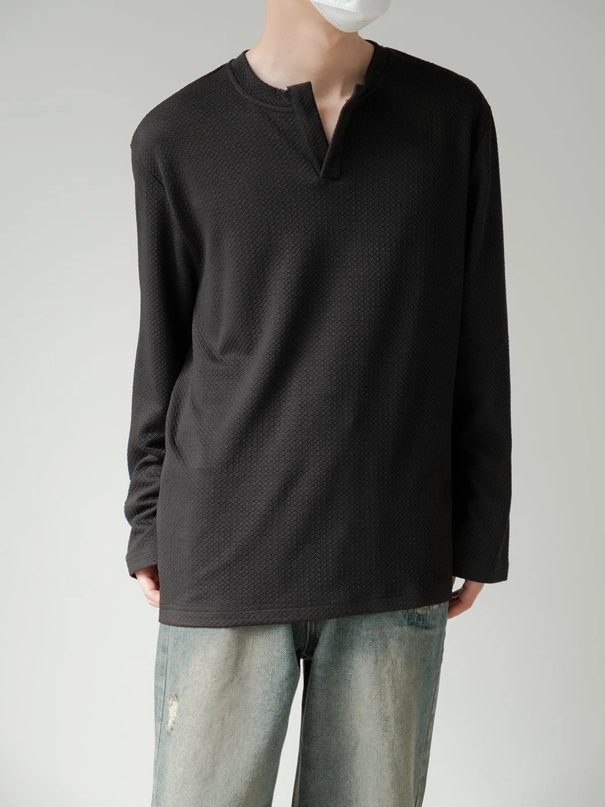 Zhou Henry Collar Textured Long Sleeve T-Shirt