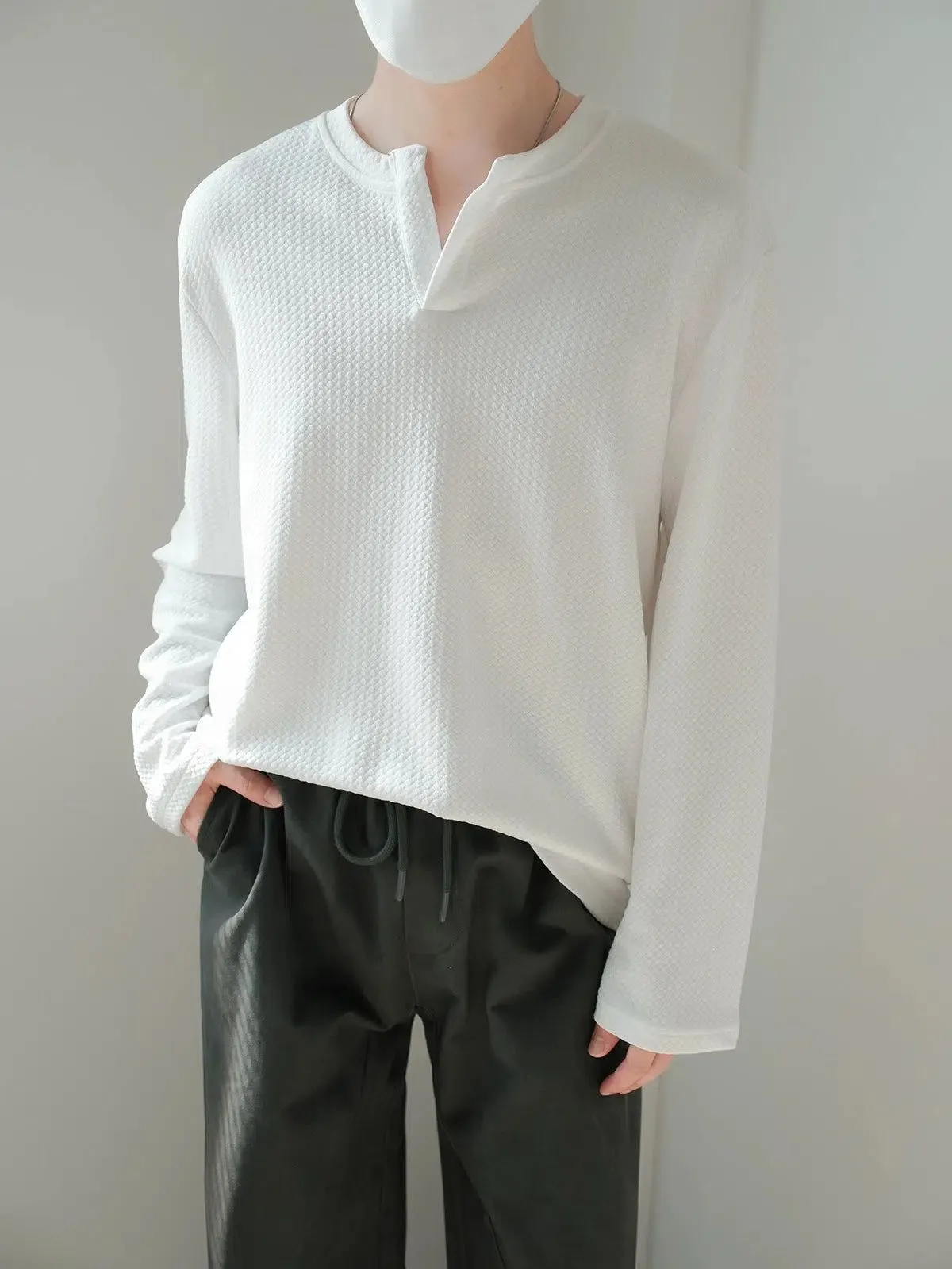 Zhou Henry Collar Textured Long Sleeve T-Shirt