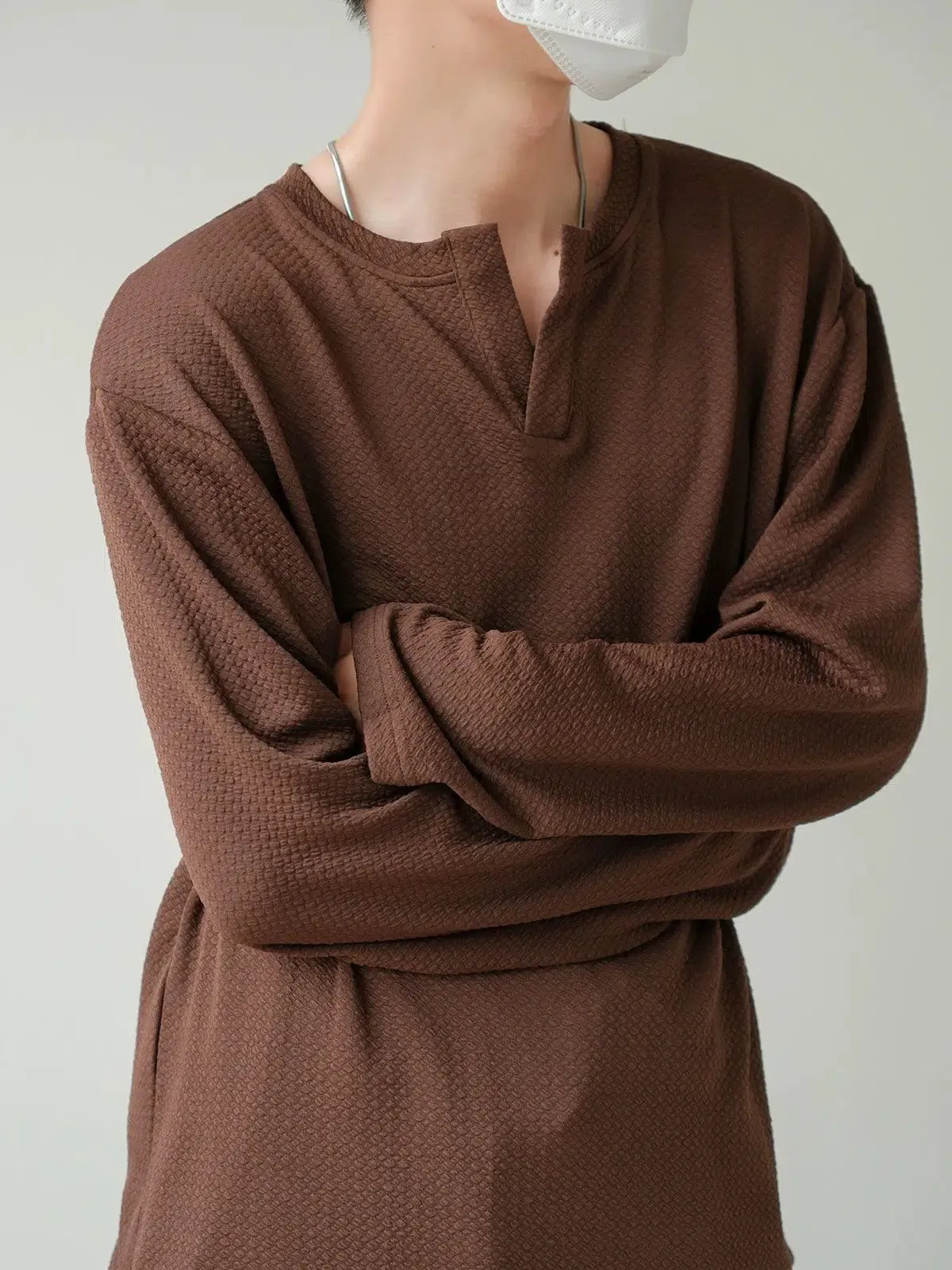 Zhou Henry Collar Textured Long Sleeve T-Shirt